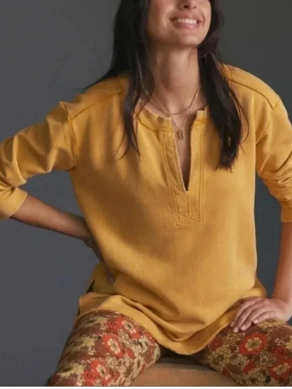 Anthropologie Pilcro Mustard Split-Neck Long Sleeve Sweatshirt. Relaxed. Fall. L